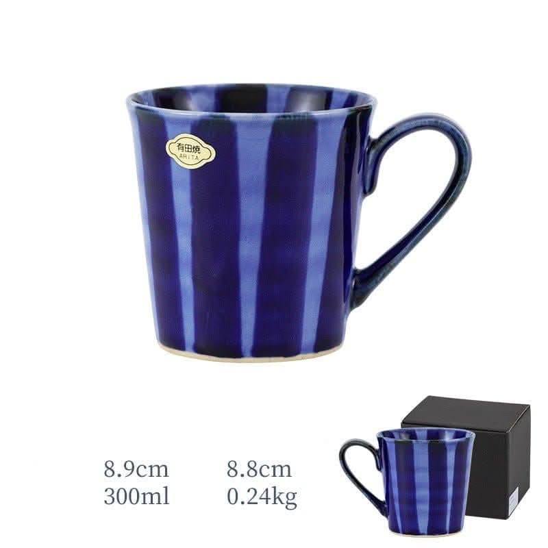 Japan imports Arita ware hand-painted blue striped mug, with dimensions shown.